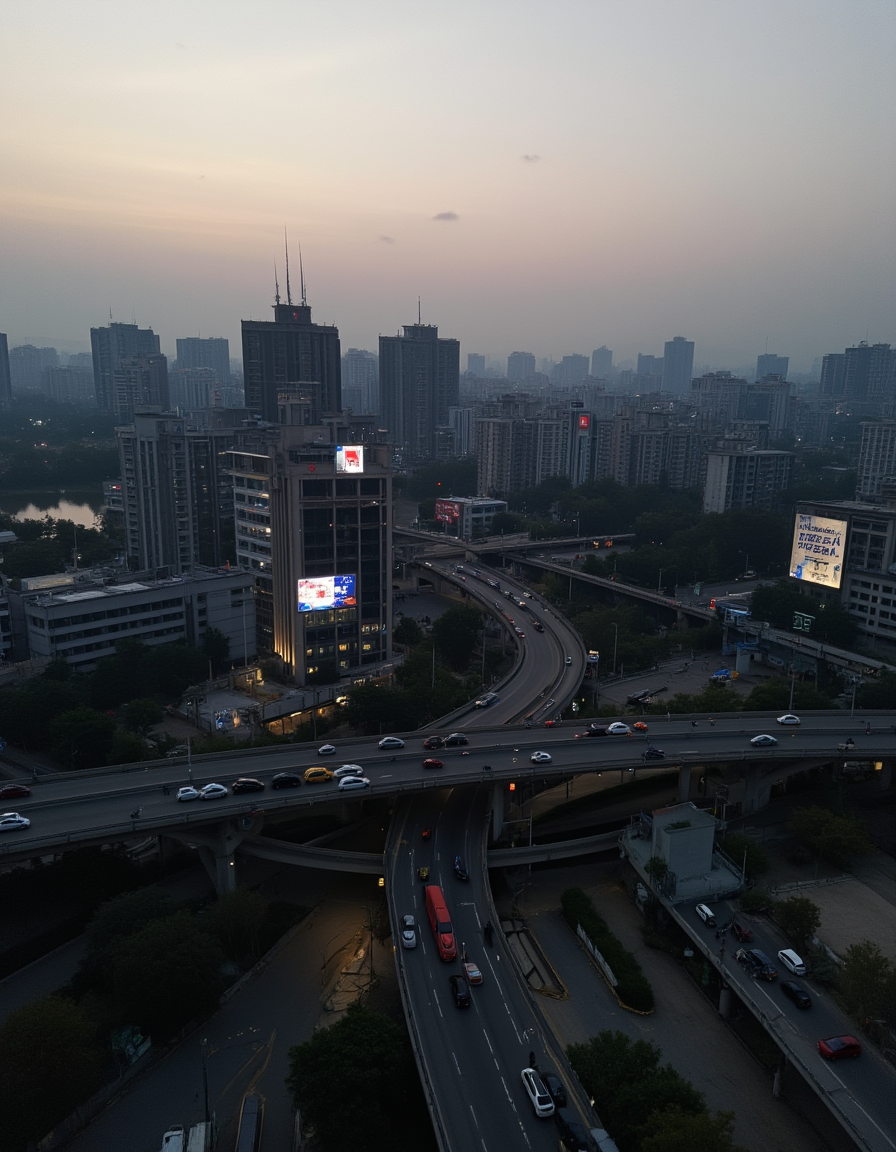 <lora:City_Worlds_01_Effects_fluxc:1> citybkg, evening, dusk, ambiance, detailed, streets, cars, billboards on buildings, elevated highway, aerial view, city lights, high buildings, low buildings, phot2, haze, epic scale, many road levels, vegetation,