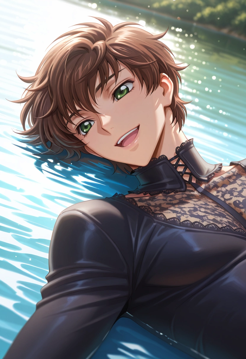 masterpiece, best quality, , (photorealistic:0.6), , 1boy, solo, male focus, <lora:suzaku_kururugi_ilxl:0.94>, suzaku_kururugi, brown hair, green eyes, , upper body, lake, light, lying, on back, :D, gothic costume
