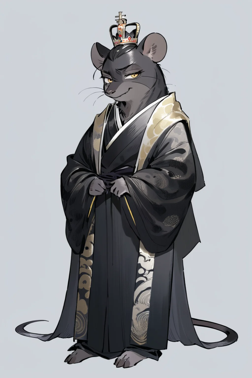 (((masterpiece))),(((best quality))),((ultra-detailed)), solo,ani,
A black rat crowned with a golden coronet, draped in a black brocade robe, its gaze sharp and alert, as if harboring secrets of ancient dynasties.
white background, full body,Role concept design, <lora:InkAni-000010:0.8>
