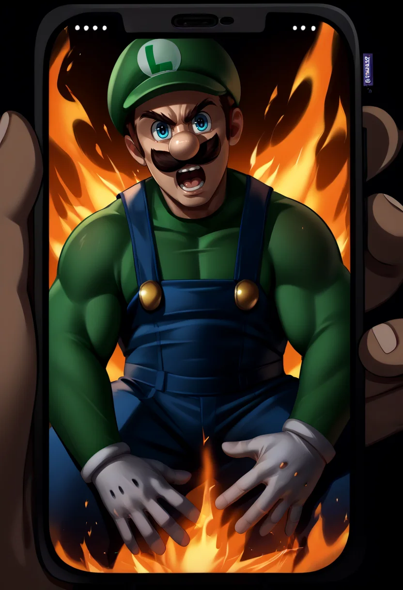 score_9, score_8_up, score_7_up, source_anime, PhonePOV, <lora:StevechopzPhone_XLPD:1.1>, phone,, rating_safe, <lora:JustDoIt_XLPD:0.8> JustDoItMeme, open mouth, looking at viewer <lora:Luigi_XLPD:1> Incrsluigi, luigi, green headwear, blue overalls, white gloves, long sleeves, muscular, fire, burning,