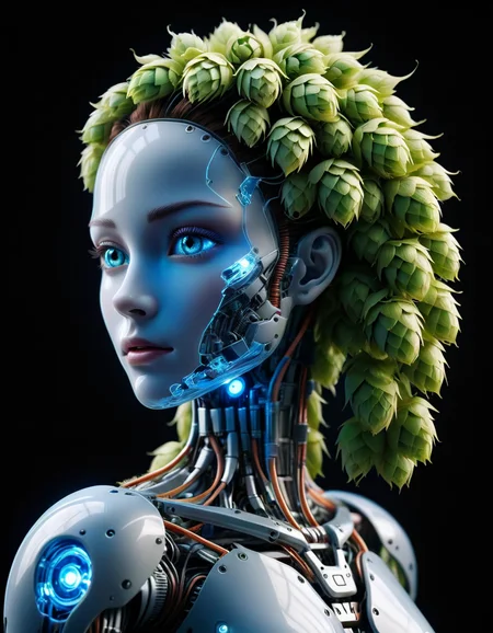 A futuristic side portrait of a humanoid robot. The robot's body is made of translucent materials,and its internal structure is clearly visible,including circuit boards and light-emitting elements. The robot has soft facial features with feminine features,including long hair and breasts. The robot's head and neck are structurally complex,with many connecting points and lines,suggesting its precise construction and possible versatility. High-tech and futuristic living concepts,cold and mechanical beauty,bioluminescence,fiber optics,masterpieces,octane rendering,unreal engine <lora:ral-hops:1> ral-hops