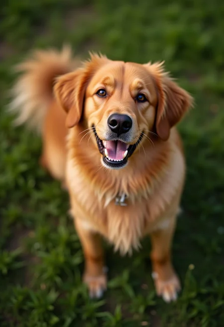 Top down view of a Nova Scotia Duck Tolling Retriever in a field of grass, lovingly looking at the viewer