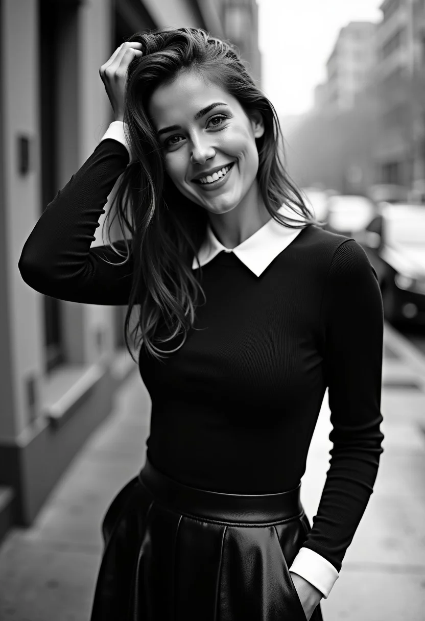 black and white happy and relaxed portrait of a beautiful model, perfect eyes, light makeup standing in the rain on a sidewalk. She is wearing a long-sleeved black top with a white collar and a black skirt. Her wet hair is styled in loose waves and she is smiling at the camera. Her right hand is resting on her head, as if she is adjusting her hair. The background shows a street with buildings and a car parked on the side