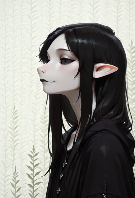 1 person, (lapanya, snout nose), solo, androgynous, pointy ears, sleek hair, straight hair, long hair, black hair, straight hair, parted bangs, hair over shoulders, ((black eyes:1.5, black sclera:1.5)), white pupils, pinprick pupils, (very pale skin, white skin), (full lips, black lipstick), black cloak, low collar, collarbone, side view,
Chin up, looking sideways at viewer, small smile,
Medieval style, Smooth colors, detailed face, smooth skin, smooth nose, organic cavern background, clean lines, high quality, best quality, masterpiece, rating: safe, source: semi-realistic,