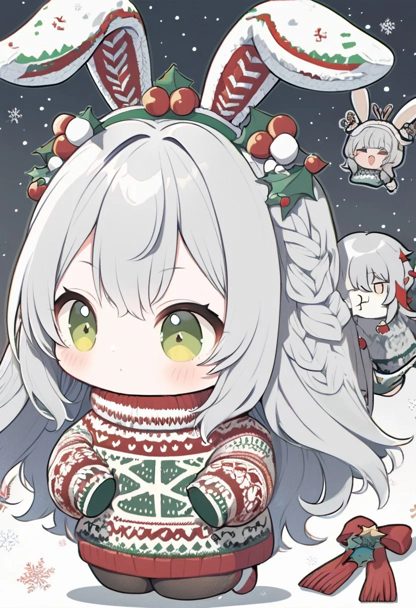 <lora:SDXLChristmasSweater:0.9>christmassweater, chibi bunny wearing a christmas sweater