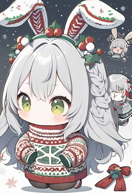<lora:SDXLChristmasSweater:0.9>christmassweater, chibi bunny wearing a christmas sweater