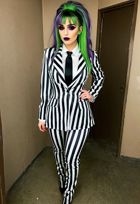 bjzzs, 1girl, female focus, makeup, dirt splotches, underworld vibes, suit, standing, jacket, large breasts, pinstripe pattern, vertical stripes, long sleeves, necktie, two tone hair, long hair, purple hair, dyed bangs, green hair, pants, shirt, striped, formal, prison clothes, poltergeist vibes, beetlejuice beetlejuice beetlejuice, sidelighting, stage presence, indoors, masterpiece, official photography, best poltergeist, best quality