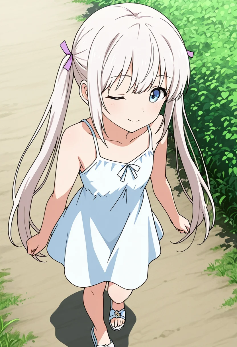 masterpiece,high quality details,
outdoors, 
 <lora:Komako_Semenovich:0.8>
komako_cnr, 1girl, white hair, very long hair, twintails, blue eyes,sidelocks, hair ribbon,
collarbone, sundress,sleeveless dress,sandals,, ;),