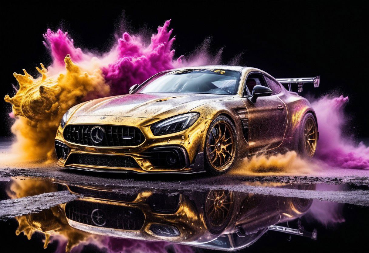 GOLD LIQUID METAL sports car, race car, racing through SILVER LIQUID METAL, liquid metal sprays up from the cars tyres, Car drifting in a black void, huge colourful powder Explosion above the car