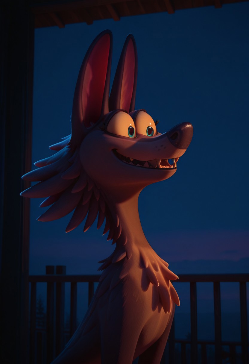 masterpiece, best quality, 32k, high resolution, absurdres, graciewolf, sky, closed mouth, indoors, fangs, outdoors, smile, dark, upper body