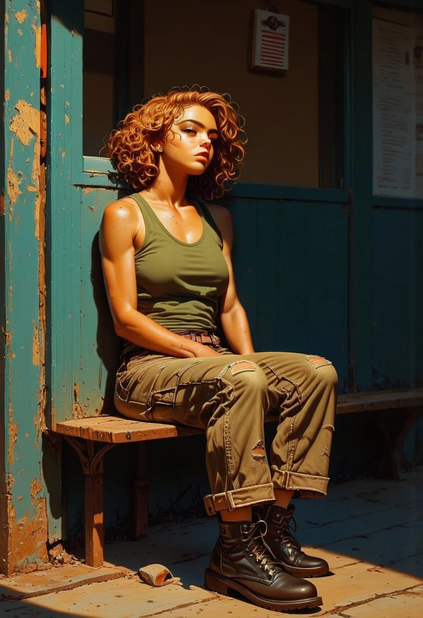 score_9, score_8_up, score_7_up, best quality, fine detail, digital painting, 1girl, solo, short very curly hair, cute, sitting at a bus stop, wearing a tank top and cargo pants, boots, wrinkled clothing, worn out tattered clothing, relaxing, carefree, melancholy, very detailed background, gritty, amber lighting, deep shadows, vivid detail, interesting composition, 8K, UHD, goonstyle
