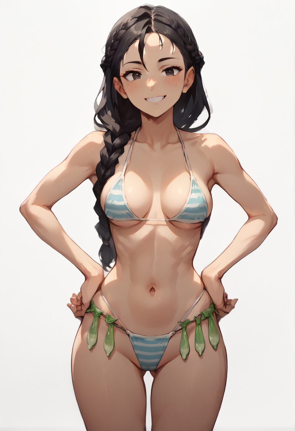 score_9, score_8_up, score_7_up, score_6_up, score_5_up, score_4_up,
1 girl,  view from front,
standing, hands on own hips,
looking at the viewer, smile, blush,
braid, long hair, black hair,
medium breasts, narrow waists, wide hips,
striped bikini, string bikini,
condom belt,
white background, simple background,
<lora:Concept_XL_Pony_Condom_Belt:1>  <lora:Anime Boys Style SDXL_LoRA_20r_20e_8i_nr32_a16_Pony Diffusion V6 XL:0.7>