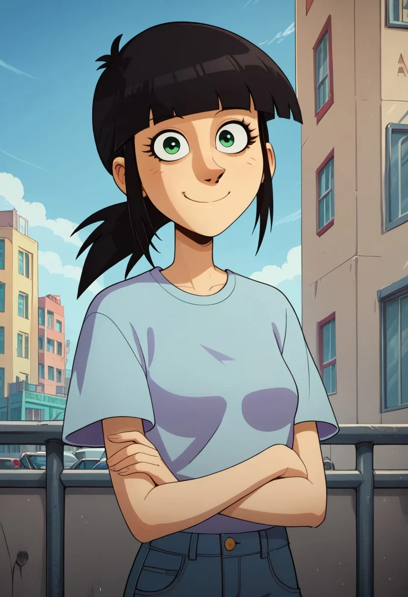 ((city background)),score_9, score_8_up, score_7_up,score_6_up,
1girl, Solo, Sarah_TADL, light skin, green eyes, black hair, straight fringe, low ponytail hairstyle, light blue short-sleeve T-shirt, tight blue jeans, black shoes, social smile, big eyes, cute face, close-up, face photo, perfect eyes, perfect smile