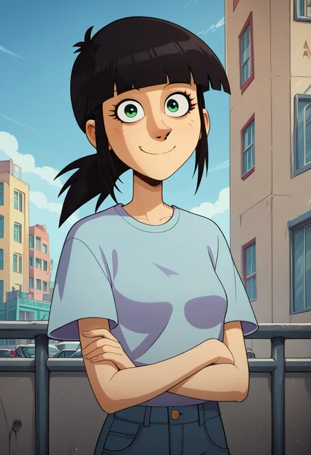 ((city background)),score_9, score_8_up, score_7_up,score_6_up,
1girl, Solo, Sarah_TADL, light skin, green eyes, black hair, straight fringe, low ponytail hairstyle, light blue short-sleeve T-shirt, tight blue jeans, black shoes, social smile, big eyes, cute face, close-up, face photo, perfect eyes, perfect smile