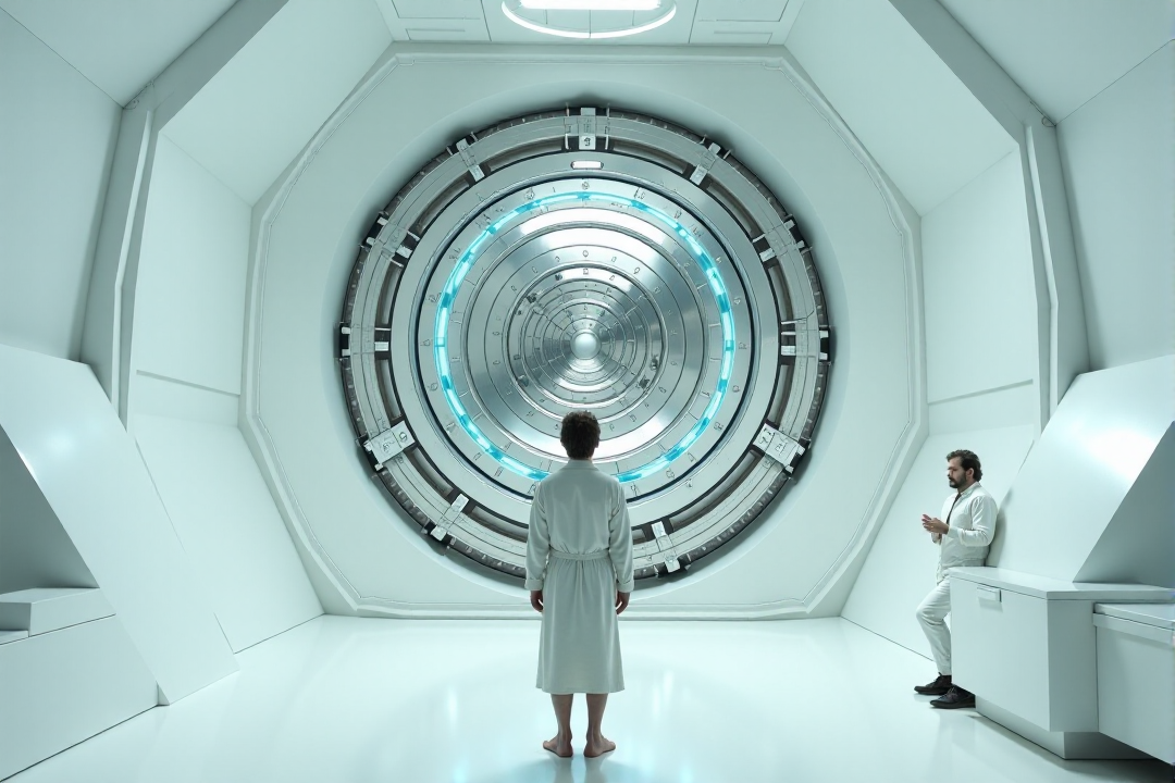 "Visualize the pristine, almost sterile white interior of the Heart of Gold spaceship's bridge. The iconic Infinite Improbability Drive, a vast, geometrically complex structure of polished chrome and softly glowing blue lights, dominates the center of the frame, perfectly symmetrical. Arthur Dent, in a slightly disheveled dressing gown, stands in the foreground, dwarfed by the sheer scale of the technology, his expression a mixture of bewilderment and mild terror. Ford Prefect, looking nonchalant in a slightly too-loud shirt, leans against a sleek, minimalist console, observing Arthur with a detached amusement. The lighting is cold and even, reminiscent of a brightly lit laboratory, with long, sharp shadows cast by the stark white walls and the Drive's intricate components. Focus on the vastness of the space and the feeling of being utterly out of one's depth in the face of advanced, incomprehensible technology. 8k resolution, hyperrealistic rendering, symmetrical composition, cold lighting, minimalist design, Kubrickian sci-fi aesthetic."  <lora:cinematic film IMAX70mm Filmstrip style v1:0.8> cinematic film style, IMAX70mm , filmstrip borderâââ
