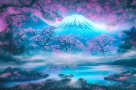 Mh1$AgThS2, intricate linework with expressive contrasts, soft lighting with dynamic highlights, a tranquil large lake in the uplands, sakura trees, blossom, mist, dawn, reflection, with mount fuji in the distance, no humans, In the style of ff-td, FanLan
