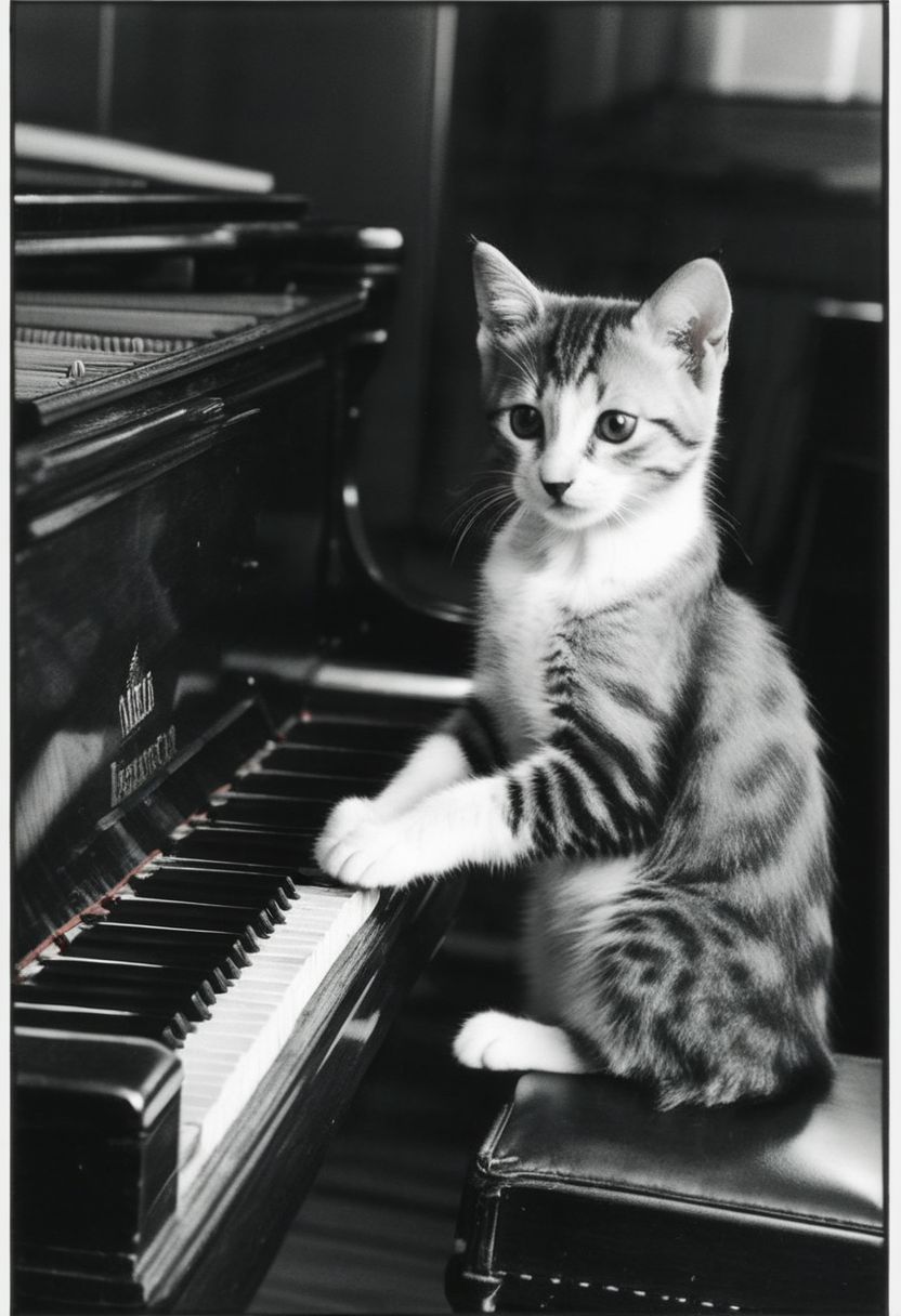 Kitten using tiny paws to press ivory keys on an old grand piano, tail swaying to unseen melodies, concentrated gaze, beloved feline playing music, black and white image, real, vintage style, ambient lighting, focused foreground, blurred background, timeless moment, high contrast, monochrome, grainy texture, film emulation, 35mm.