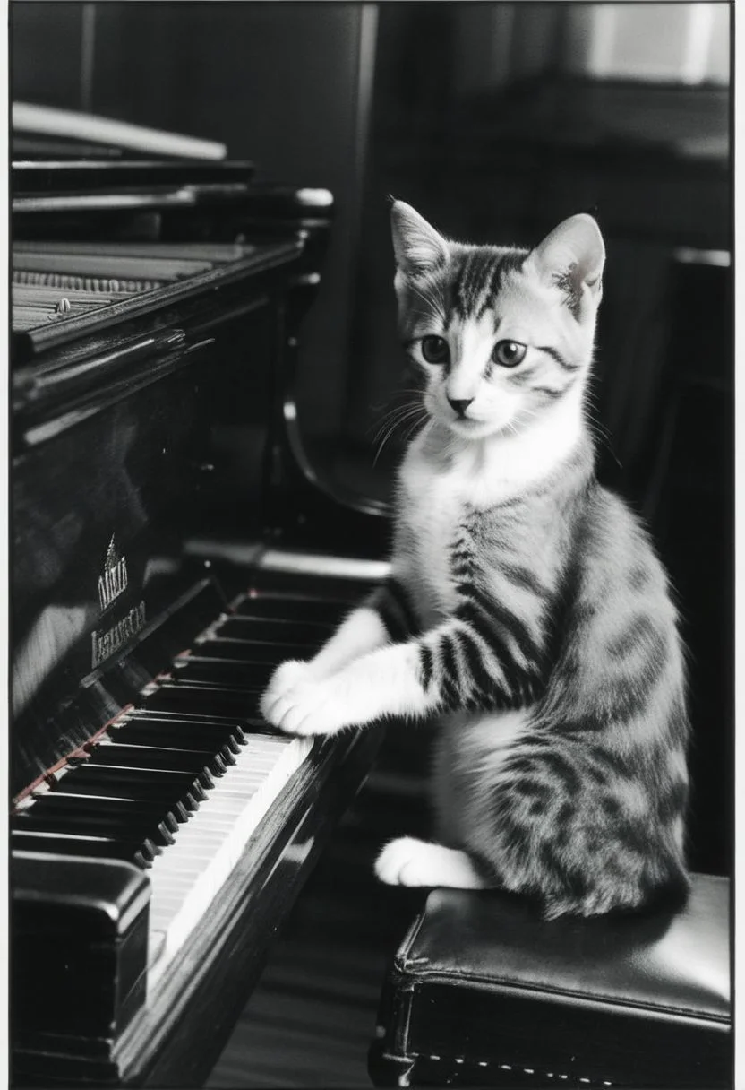 Kitten using tiny paws to press ivory keys on an old grand piano, tail swaying to unseen melodies, concentrated gaze, beloved feline playing music, black and white image, real, vintage style, ambient lighting, focused foreground, blurred background, timeless moment, high contrast, monochrome, grainy texture, film emulation, 35mm.