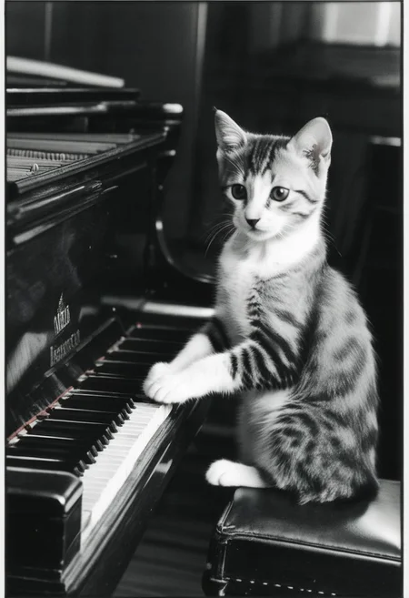 Kitten using tiny paws to press ivory keys on an old grand piano, tail swaying to unseen melodies, concentrated gaze, beloved feline playing music, black and white image, real, vintage style, ambient lighting, focused foreground, blurred background, timeless moment, high contrast, monochrome, grainy texture, film emulation, 35mm.