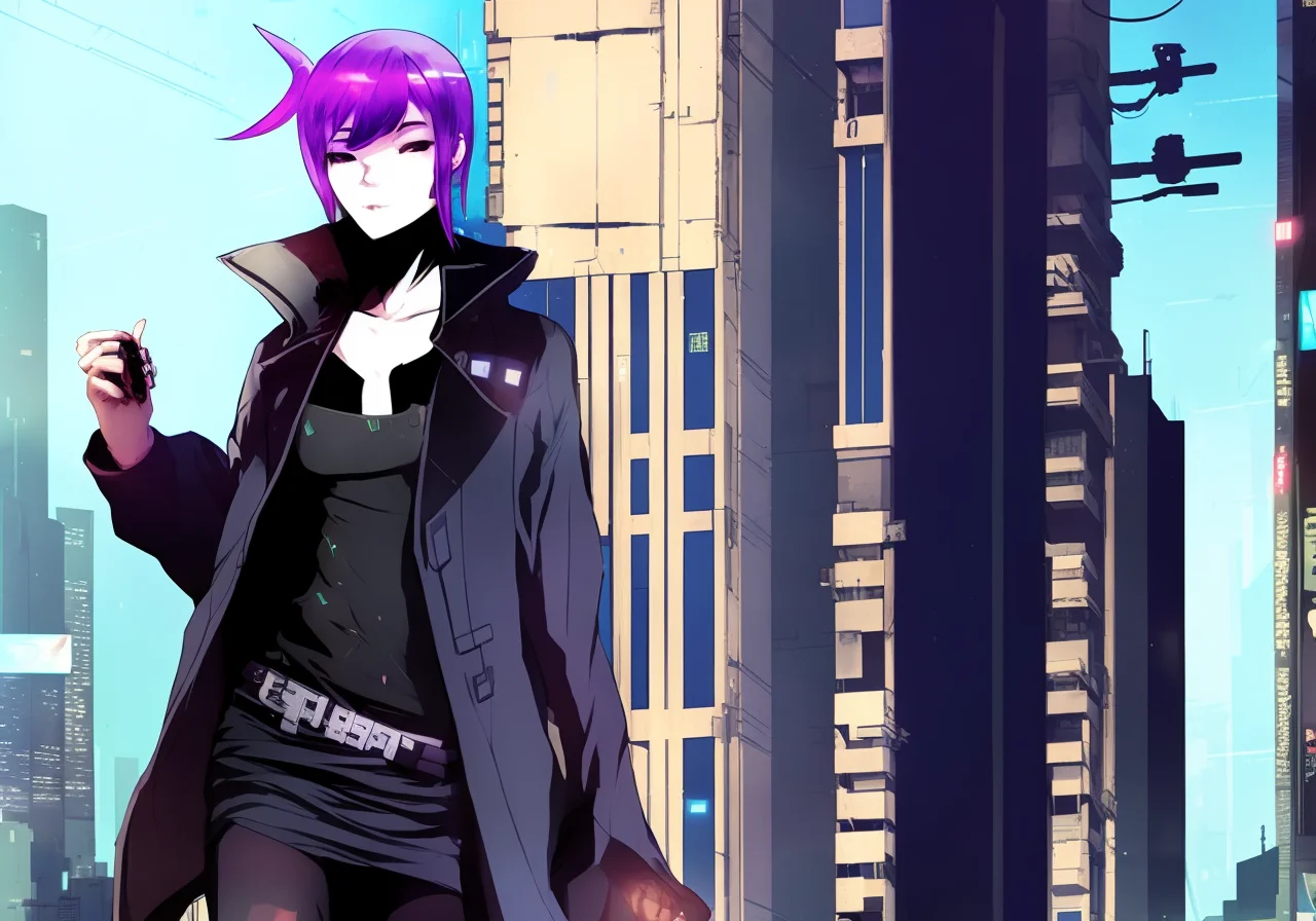 Kanji, realistic cyberpunk hacker woman, wearing a cyberpunk trenchcoat, cyberpunk architecture mega city, KANv3