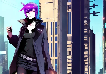 Kanji, realistic cyberpunk hacker woman, wearing a cyberpunk trenchcoat, cyberpunk architecture mega city, KANv3