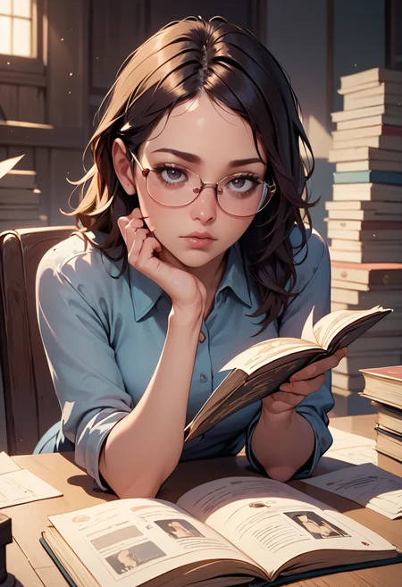 (score_9, score_8_up, score_7_up), detailed, realistic professional woman looks up from her papers at the viewer, annoyed, glasses, interrupted reading, stack of papers.