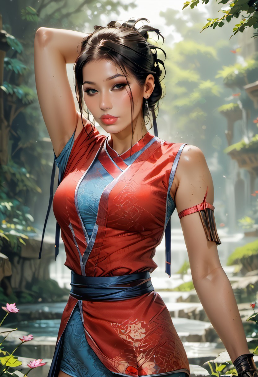 Stable_Yogis_PDXL_Positives, (score_9), score_8_up, score_8, score_7_up, score_7, score_6_up, score_6, score_5_up, Score_5, mythp0rt, (1girl, solo, mature female, adult), ((dynamic pose)), (looking at viewer), medium lips, puffy lips, parted lips, beautiful, cutest girl in the world, pale skin, mature female, adult woman, (long hair),
fit body, slender body lines, narrow waist, slender body,
(fantasy style), (rdntjenzixl, brown eyes, black hair, tied hair, makeup), (short kimono, red kimono, blue undershirt, leather gauntlets, sandals), bubble butt, arched back, curvy body, ((slutty pose, stretching)),
standing, ((slutty pose)), breathless intimacy, textured skin, leggings, petite model bombshell, delicate features, narrow pointy nose, tiny nose, lust, big eyes, seductive eyes, detailed skin, flared lashes, mascara, makeup, breasts, athletic body, narrow waist, wide hips, ((tiny waist)), (closed mouth), slender figure, sensual gaze, 
warm light, detailed, two arms, good hands, vox machine style, 1girl, female focus, solo, portrait, Glitzy background, fantasy, 2 arms, (dynamic lighting:1.1)
((masterpiece))