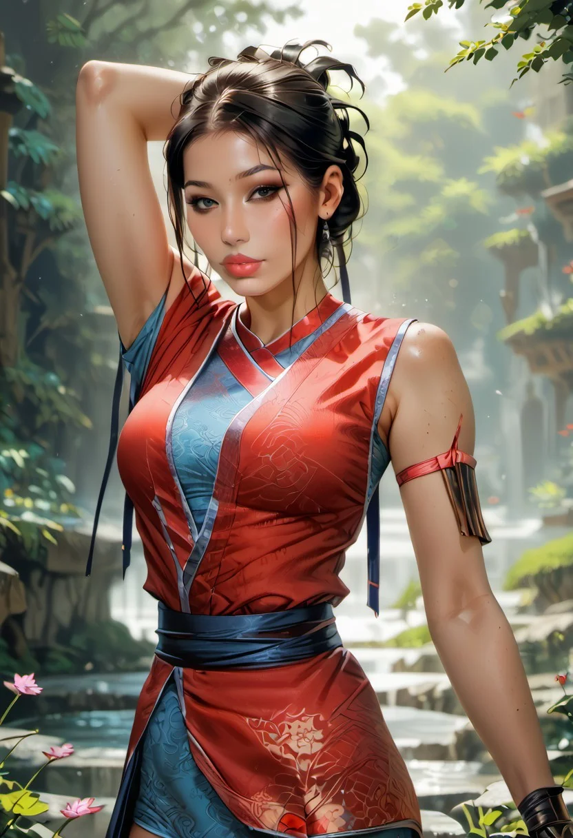 Stable_Yogis_PDXL_Positives, (score_9), score_8_up, score_8, score_7_up, score_7, score_6_up, score_6, score_5_up, Score_5, mythp0rt, (1girl, solo, mature female, adult), ((dynamic pose)), (looking at viewer), medium lips, puffy lips, parted lips, beautiful, cutest girl in the world, pale skin, mature female, adult woman, (long hair),
fit body, slender body lines, narrow waist, slender body,
(fantasy style), (rdntjenzixl, brown eyes, black hair, tied hair, makeup), (short kimono, red kimono, blue undershirt, leather gauntlets, sandals), bubble butt, arched back, curvy body, ((slutty pose, stretching)),
standing, ((slutty pose)), breathless intimacy, textured skin, leggings, petite model bombshell, delicate features, narrow pointy nose, tiny nose, lust, big eyes, seductive eyes, detailed skin, flared lashes, mascara, makeup, breasts, athletic body, narrow waist, wide hips, ((tiny waist)), (closed mouth), slender figure, sensual gaze,
warm light, detailed, two arms, good hands, vox machine style, 1girl, female focus, solo, portrait, Glitzy background, fantasy, 2 arms, (dynamic lighting:1.1)
((masterpiece))