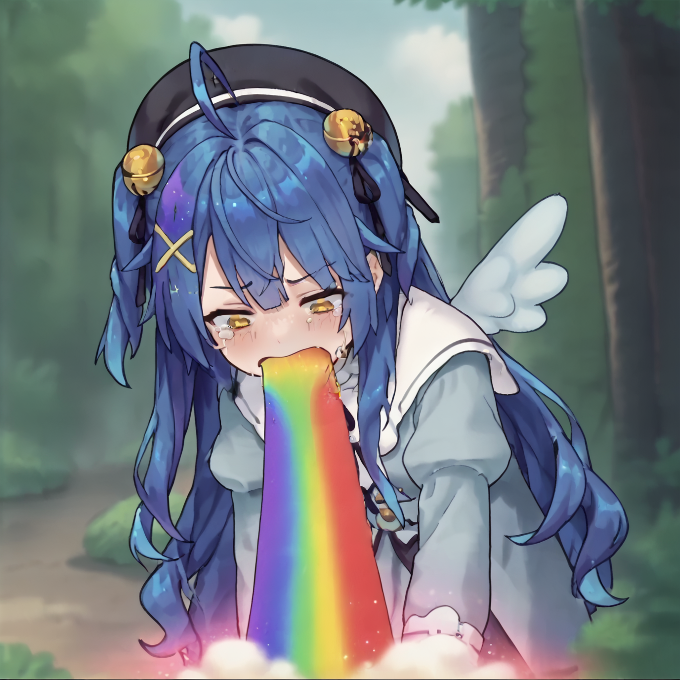 score_7_up, score_6_up, score_5_up, source_anime,
<lora:amamya.pony:1>, amamya,
<lora:Rainbow_vomit_meme-pony:0.8>, looking down, leaning forward, tears, disgust, rainbow, vomiting rainbows, vomit, outdoors, blue hair, black beret, wings,