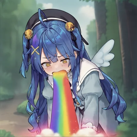 score_7_up, score_6_up, score_5_up, source_anime,
<lora:amamya.pony:1>, amamya,
<lora:Rainbow_vomit_meme-pony:0.8>, looking down, leaning forward, tears, disgust, rainbow, vomiting rainbows, vomit, outdoors, blue hair, black beret, wings,