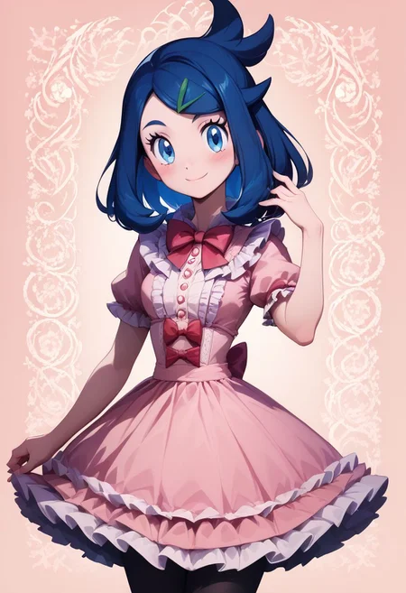 score_9, score_8_up, score_8, medium breasts, (curvy), cute, eyelashes,
BREAK,
liko \(pokemon\), blue hair, hair clip,
BREAK,
closed mouth, alternate costume, smile, nail polish, looking at viewer, hand up, blush,
zzLFashion, frilled dress, frills, bow, dress, pantyhose,
zPDXL,