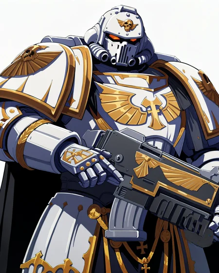 Anime Illustration, full body, Space Marine, white scars legion, portrait, standing. He is holding, aiming, a bltgun bolter weapon. He is wearing a dead white helmet, intricate dead white armor, gold trimmings, cross detailing, tabard, torn cape, gauntlets, black fur, plate armor, dead white full armor, panoply, gothic architecture, background, extremely detailed, absurdres, masterpiece, cel shading,
<lora:Astartes:0.8> <lora:add-detail-xl:0.8> <lora:Bad_Hands_lora:0.8> <lora:Bolter_-_Warhammer_40000_SDXL:1>