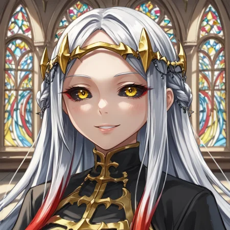 score_9, score_8_up, score_7_up, source anime, BREAK, <lora:Maxwell:0.75> , mxwdef, 1girl, colored sclera, black sclera, yellow eyes, white hair, long hair, multicolored hair, (red highlights), circlet, black dress, (face, close-up), looking at viewer, scenery, interior, <lora:backgroundsetXL:0.2> , background, (solo), smile, <lora:churchXLP:0.2> , stained glass, church, arch, <lora:lalangheejXLP:0.8> , lalangheej,