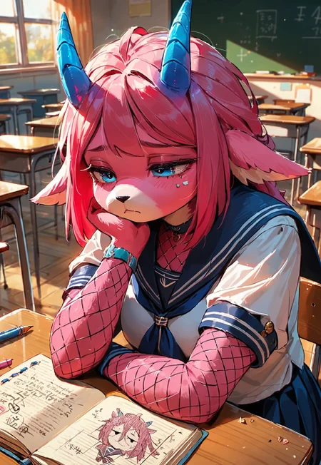 easynegative, source_anime, close up, score_9, score_8_up, score_7_up, anthro axolotl girl, pink fur, tired, inside classroom, small horns, glowing blue horns, sunken eyes, sitting at desk, writing on table, sailor outfit, fishnets,