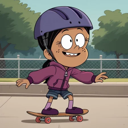 score_9, score_8_up, score_7_up, score_6_up, 1girl,solo,best quality,4k,
dark tan skin, black hair worn in a low ponytail, freckles on her cheeks, two buck teeth,show accurate, perfect anatomy, four fingers,
purple hooded jacket, dark blue jean shorts, and dark purple flats with light pink socks,
skateboarding, helmet, public park,