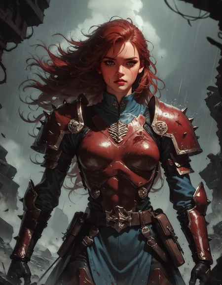 score_9, score_8_up, score_7_up, score_6_up, score_5_up, score_4_up,  1girl, ultra detailed, break, Stormy rainy skies ,  a ginger woman,highly detailed dark eyes looking at viewer, highly detailed wet face, female warrior, highlight long red hair, soaking wet hair, medium breasts, little_freckles, Facial skin soiled by battle, Blood splatter,  leather and worn scratched used wet metal armor,fur, sword belt, break, fighting stance, wind, cinematic lighting, realistic, dramatic light, break, Rain falls on the battlefield , dark_Smokes, fireflies,piles of dead corpses,  Medieval_battlefield_ravaged_by_war_background,   <lora:Kenva:0.8> knva,   <lora:Concept Art Twilight Style SDXL_LoRA_Pony Diffusion V6 XL:0.8> concept art,   <lora:Expressive_H-000001:0.8> expressiveh   <lora:sinfully_stylish_SDXL>