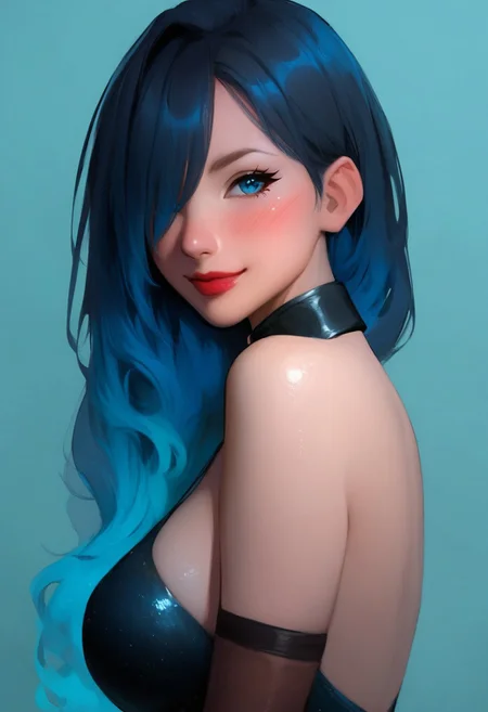 score_9, score_8_up, score_7_up,
_z3d_,_zed_,_zed_ art style,
rating_safe,
1girl, solo, long hair, breasts, looking at viewer, blush, smile, bangs, blue eyes, large breasts, black hair, closed dress, gloves, dress, bare shoulders, closed mouth, blue hair, upper body, multicolored hair, elbow gloves, hair over one eye, collar, lips, gradient hair, red lips,