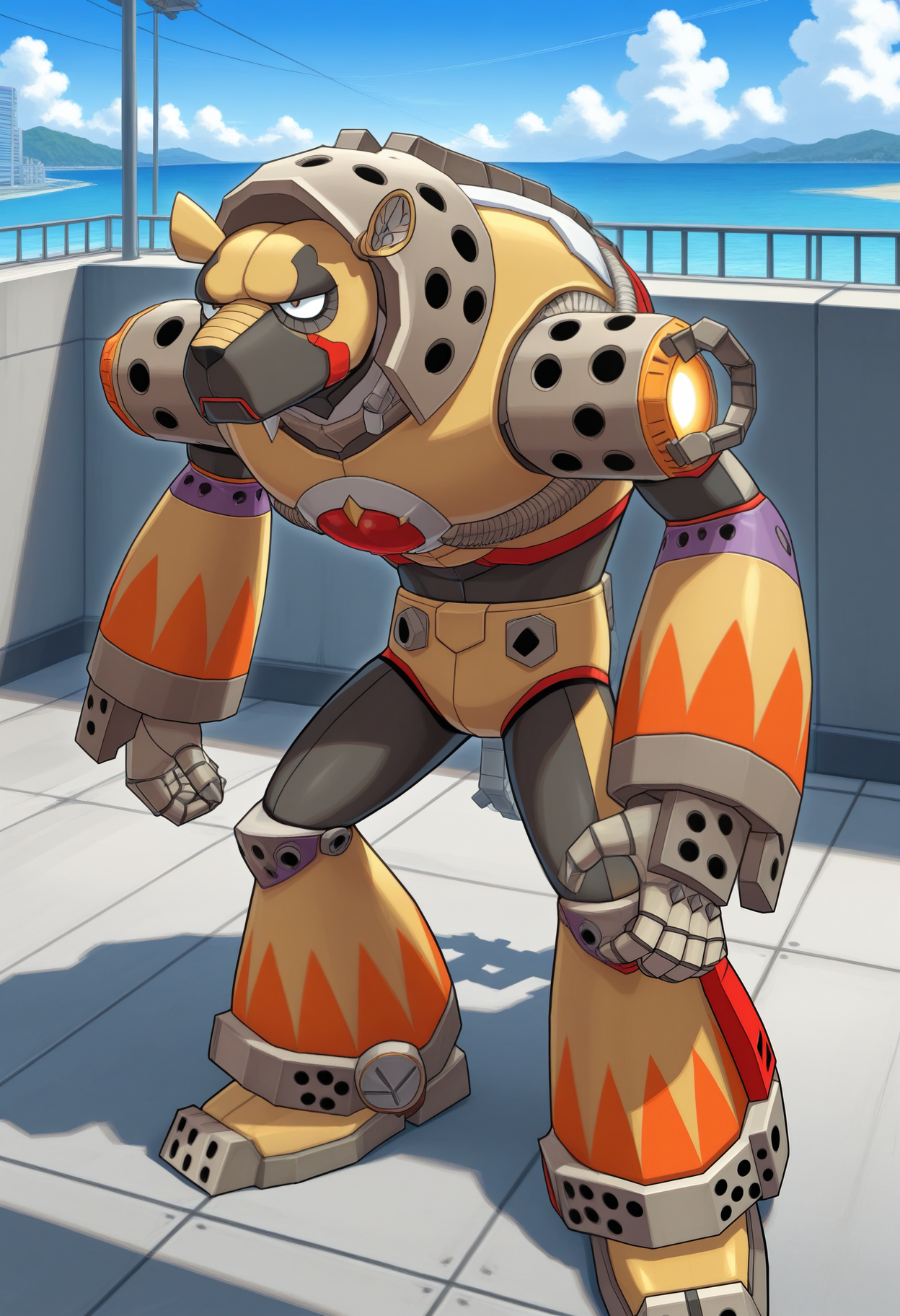 masterpiece,best quality,amazing quality, 1boy, solo, fl4m3, robot hyena boy,  outside,