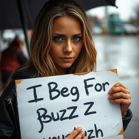 A  gorgeous woman from  looks really sad, raining,poverty,begging, looking at viewer,dirty,holding a sign. There's a caption on the sign that says, "I Beg For Buzz your buzz."
