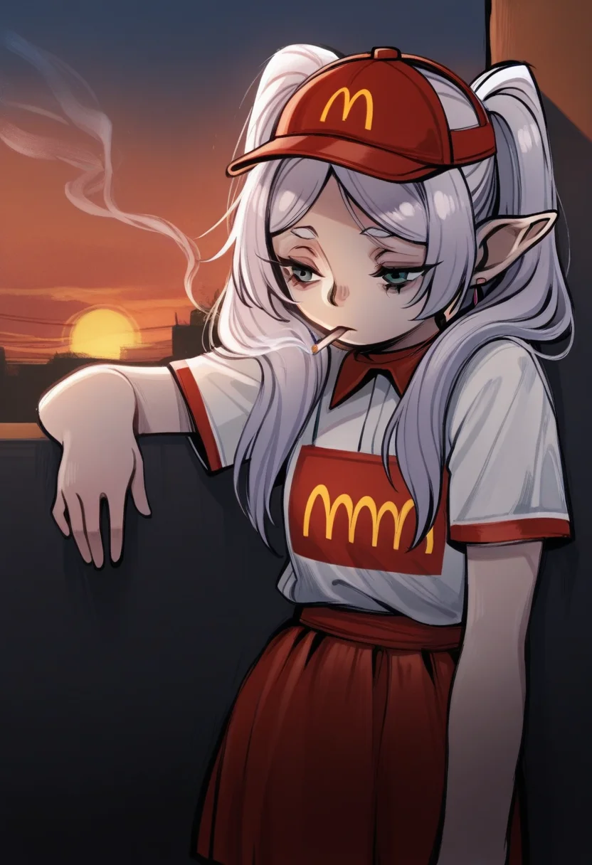 d0p4style,  masterpiece, best quality, solo,     frieren, sousou no frieren, twintails, green eyes, mcdonalds attire cap, cigarette in mouth, depressed, eyes half closed, against a wall, sunset sky, outside,  mcdonalds background,