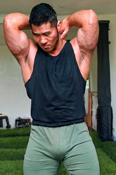asian sexytrainer, tank top/sleeveless shirt, shorts/sweatpants/leggings, realistic, masterpiece, intricate details, detailed background, depth of field, photo of a handsome, dynamic pose, sweaty, sidepec, exercise, natural face expression, detailed Hunter Kang face, big remarkable nipples covered by sleeveless shirt, big bulge pants, serious manly face, arms up, hairy armpits, lying on the beds in his house
