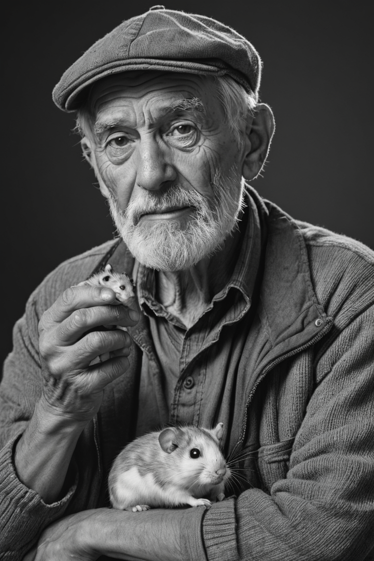 an old man holding a hamster,very detailed,monochrome