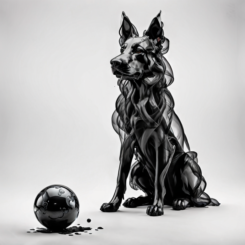 A German Shepherd looking left with a black ball in a white room, white background, photograph, 8K resolution, best quality   <lora:Gloom-step00000900:.65>