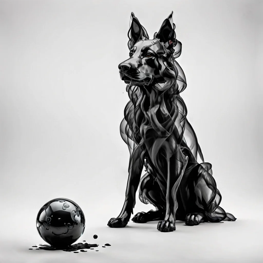 A German Shepherd looking left with a black ball in a white room, white background, photograph, 8K resolution, best quality   <lora:Gloom-step00000900:.65>