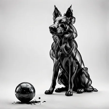A German Shepherd looking left with a black ball in a white room, white background, photograph, 8K resolution, best quality <lora:Gloom-step00000900:.65>