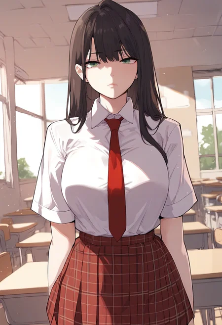 score_9, score_8_up, score_7_up, score_6_up, source_anime, rating_explicit, 1girl, (solo:1.1), huge breasts, <lora:Yoo Na-Ri prefectPonyxl:0.85> long hair, green eyes, black hair, brown hair, school uniform, red necktie, white shirt, collared shirt, short sleeves, plaid skirt, pleated skirt, expressionless, classroom, indoors, looking at viewer