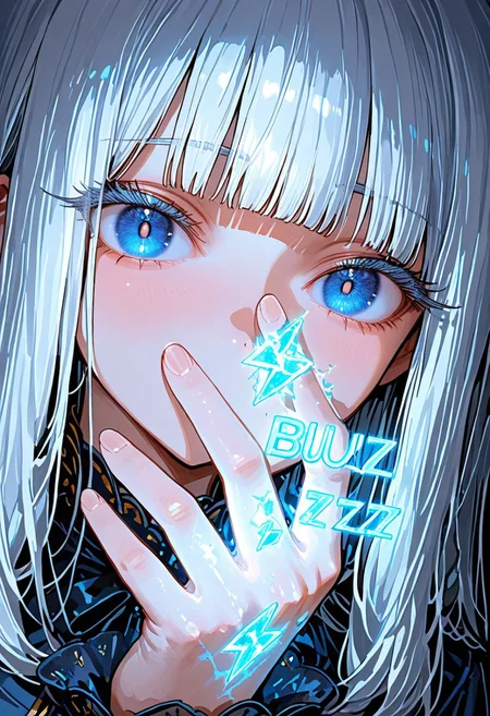 score_9,(masterpiece, best quality, dynamic angle),8k,1 girl,blunt bangs,white hair,(big eyes,wide open eyes),looking viewer,
(covered own face with one palm of one's hand from side:1.4),fingers spread,one eye visible between fingers,high detail perfect fingers,
BREAK
extreme close-up of girl's eye, detailed iris, dramatic reflectionsが, soft eyelashes, glowing colors,high detail,
(English text 'BUZZ PLS' on hand:1.5), Buzz2, blue buzz, holding blue buzz,