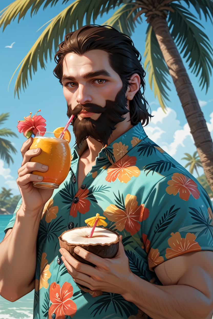 score_9, score_8_up, score_7_up,
<lora:DAIBlackwall:0.8>
DAIBlackwall, 1boy, brown eyes, black hair, beard, looking at viewer, wearing a Hawaiian shirt, smiling, holding a coconut drink, vibrant sunset, palm trees swaying in the breeze, tropical vibes