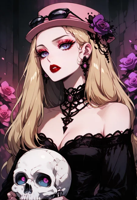 (masterpiece, best quality, good quality, very aesthetic, absurdres), 1girl, solo, eyelashes, (beautiful eyes), zzSerena, solo, long hair, blue eyes, eyewear on headwear, pink headwear, eyelashes, dress, holding, cleavage, jewelry, purple eyes, collarbone, upper body, flower, earrings, parted lips, choker, off shoulder, black dress, wavy hair, black choker, lipstick, lace trim, skull, purple flower, off-shoulder dress, red lips, long hair, looking at viewer, blue eyes, blonde hair, bare shoulders, purple eyes, upper body, parted lips, off shoulder, black dress, black choker, off-shoulder dress, red lips, skeleton, (holding skull, red lips, kissing),<lora:GothRetroNAI:1.0>, <lora:SerenaPokemon_NAI:1.0>,