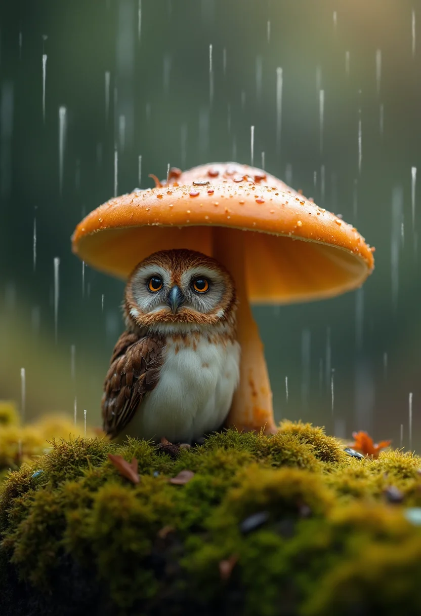 A photorealistic image with artistic enhancements captures a small, endearing owl sheltered beneath a vibrant, burnt-orange mushroom in the midst of a gentle rain shower, rendered in a style that merges Nature Photography, Whimsical Wildlife Art, and Bokeh Cinematography. The scene exudes a serene and slightly magical atmosphere, as the owl, with its soft brown and white mottled feathers, peers upward with a gentle, almost curious expression, seemingly content under its natural umbrella. The owl's feathers are delicately textured, each strand catching the soft, diffused light, which highlights their slightly damp appearance from the rain. The mushroom, with its smooth, glossy cap, stands tall and vibrant, its bright orange hue contrasting beautifully with the surrounding natural tones of green moss and soft brown feathers. The mushroom's cap curves gently, showing off its pale gills underneath, and provides just enough cover for the small owl, adding a whimsical touch to the composition. The rain, depicted as soft, vertical streaks, interacts with both the mushroom and the owl, creating tiny splashes and further enhancing the sense of a fresh, rainy forest scene. The ground, covered in lush, thick moss, ranges in color from deep forest green to lighter yellowish tones, with small leaves and twigs scattered throughout, adding detail and grounding the scene in a natural, earthy environment. The background, with its soft, blurred bokeh effect, shifts from dark greens and browns to lighter tones, creating depth and isolating the owl and mushroom, emphasizing their importance in the composition. The overall mood is peaceful and endearing, capturing a quiet moment in nature where even the smallest creatures find shelter and contentment amidst the elements.